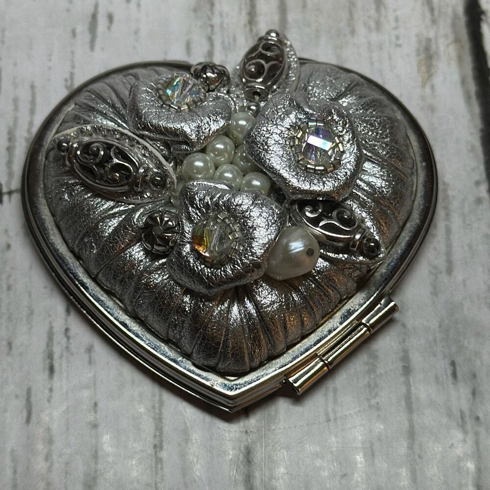 Brighton Compact Mirror Silver Heart with‎ Flowers Beaded Faux Pearls